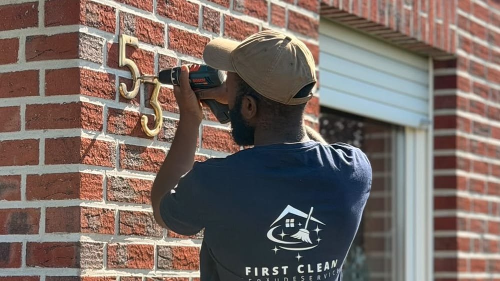 Mitarbeiter von First Clean montiert eine Hausnummer an der Klinkerfassade eines Wohnhauses