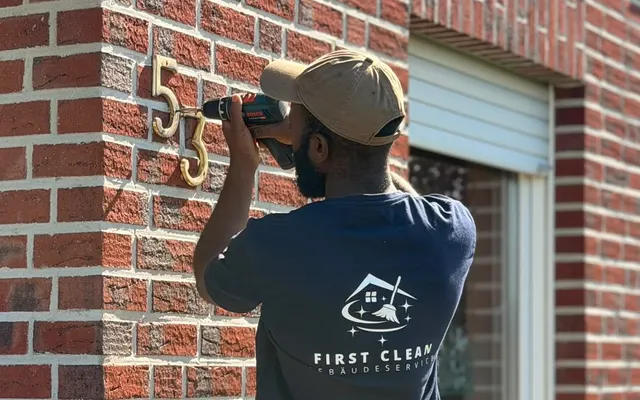 Mitarbeiter von First Clean montiert eine Hausnummer an einer Klinkerfassade