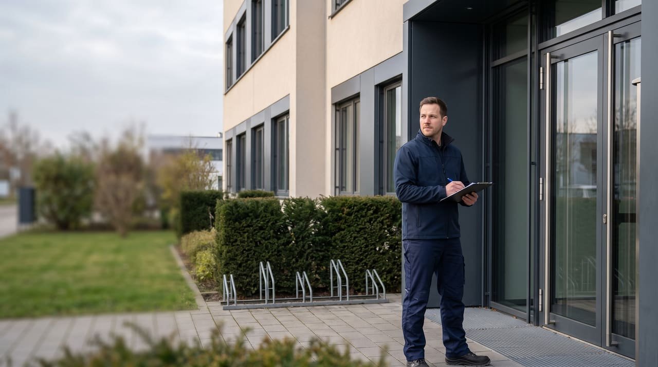 Objektbetreuer von First Clean bei der Objektkontrolle am Eingang eines gepflegten Gewerbeobjekts