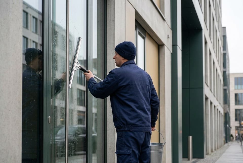 Glasreinigung mit Abzieher an der Fensterfront eines modernen Gewerbeobjekts