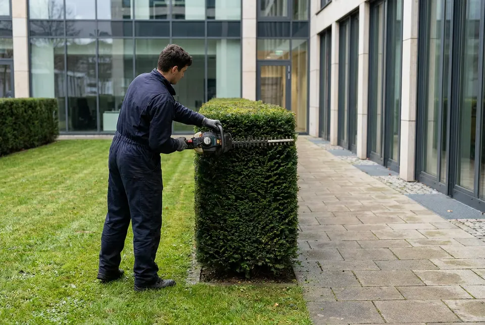 Beispielhafte Darstellung: Gepflegte Außenanlage mit Rasen und Hecken an einem Gewerbeobjekt