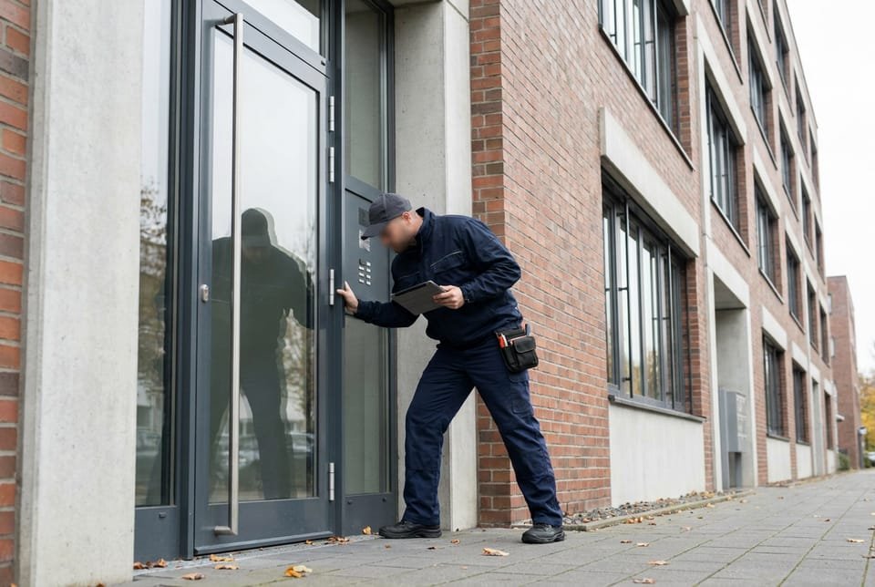 Objektbetreuer bei der professionellen Objektkontrolle am Eingang eines gepflegten Mehrparteienobjekts