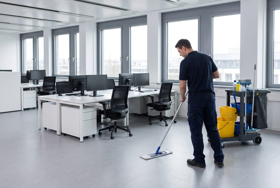 Bodenreinigung einer modernen Bürofläche mit Flachmopp