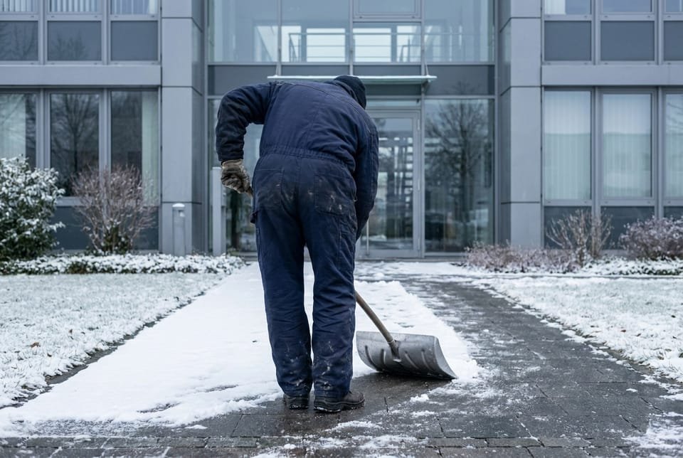 Winterdienst: Mitarbeiter räumt den Zugangsweg eines Bürogebäudes mit einem Schneeschieber