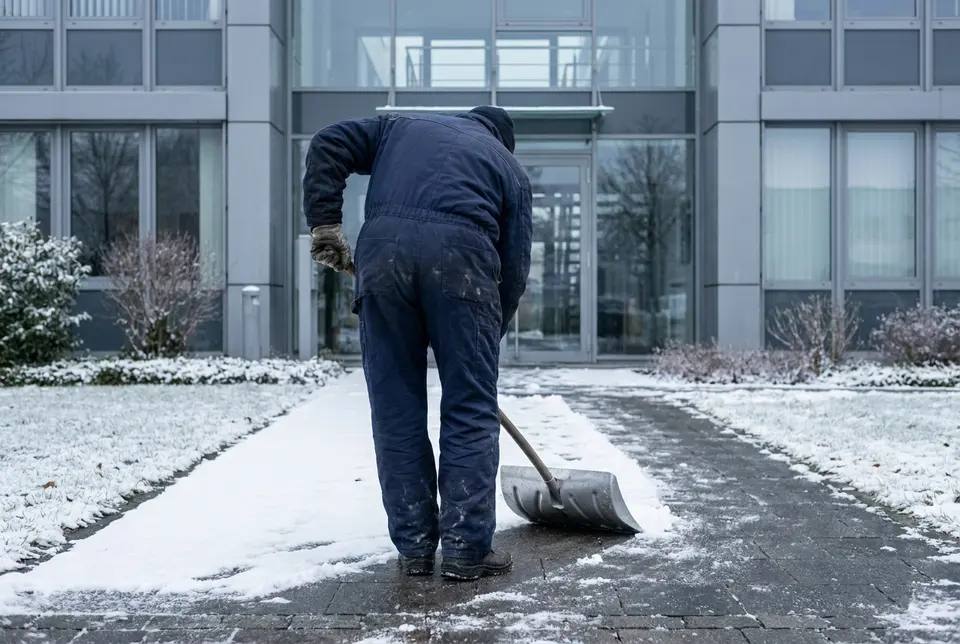 Beispielhafte Darstellung: Winterdienst räumt den verschneiten Zugangsweg eines Bürogebäudes